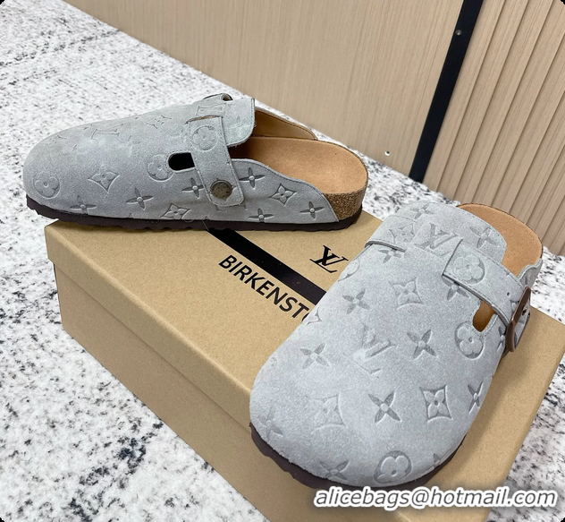 Fashion Louis Vuitton LV Cosy Flat Comfort Closed Mule Light Gray Suede Monogram Leather 6061607