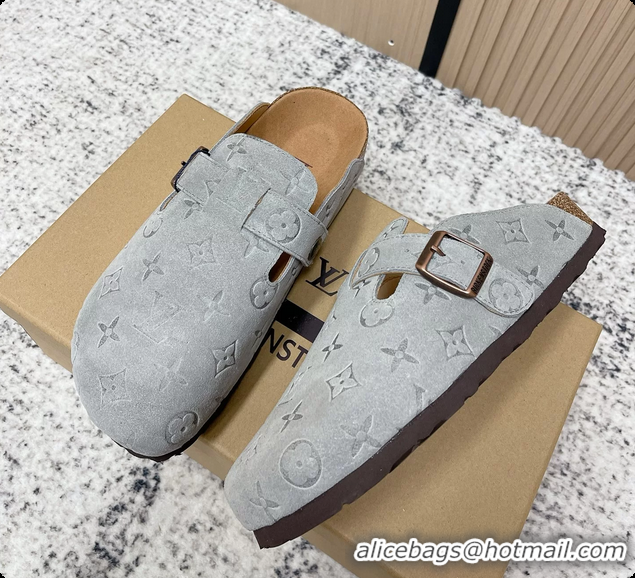 Fashion Louis Vuitton LV Cosy Flat Comfort Closed Mule Light Gray Suede Monogram Leather 6061607