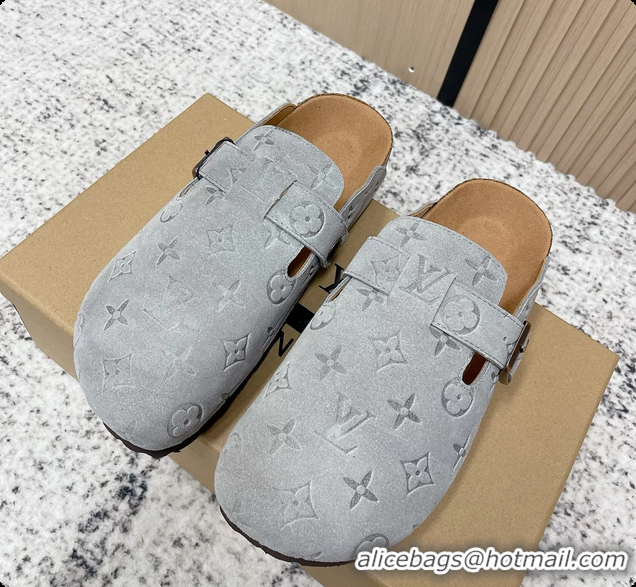 Fashion Louis Vuitton LV Cosy Flat Comfort Closed Mule Light Gray Suede Monogram Leather 6061607