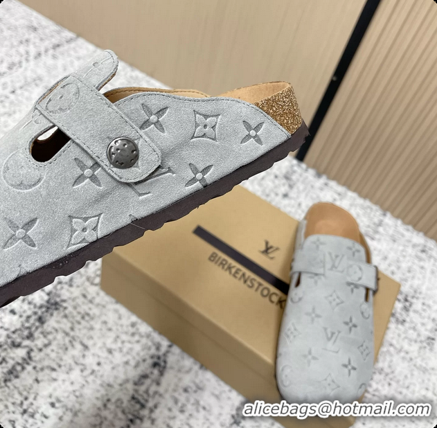 Fashion Louis Vuitton LV Cosy Flat Comfort Closed Mule Light Gray Suede Monogram Leather 6061607