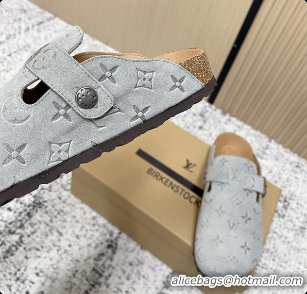 Fashion Louis Vuitton LV Cosy Flat Comfort Closed Mule Light Gray Suede Monogram Leather 6061607