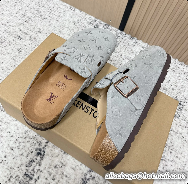 Fashion Louis Vuitton LV Cosy Flat Comfort Closed Mule Light Gray Suede Monogram Leather 6061607