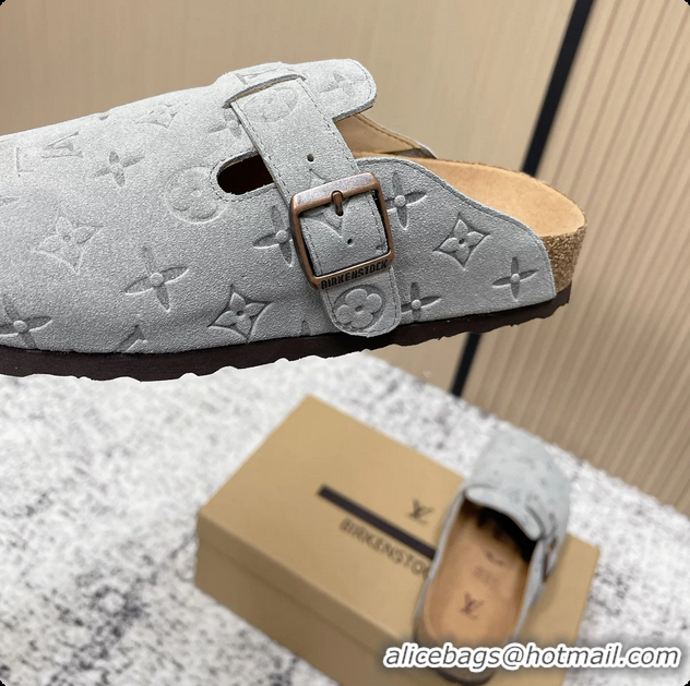 Fashion Louis Vuitton LV Cosy Flat Comfort Closed Mule Light Gray Suede Monogram Leather 6061607