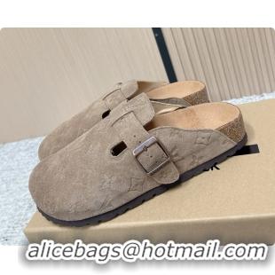 Low Price Louis Vuitton LV Cosy Flat Comfort Closed Mule Gray Suede Monogram Leather 6061607
