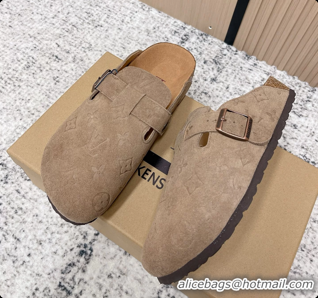 Low Price Louis Vuitton LV Cosy Flat Comfort Closed Mule Gray Suede Monogram Leather 6061607