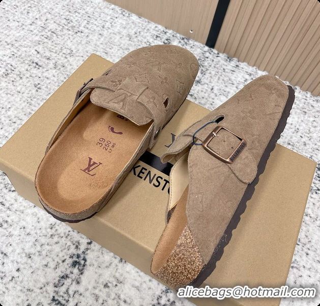 Low Price Louis Vuitton LV Cosy Flat Comfort Closed Mule Gray Suede Monogram Leather 6061607