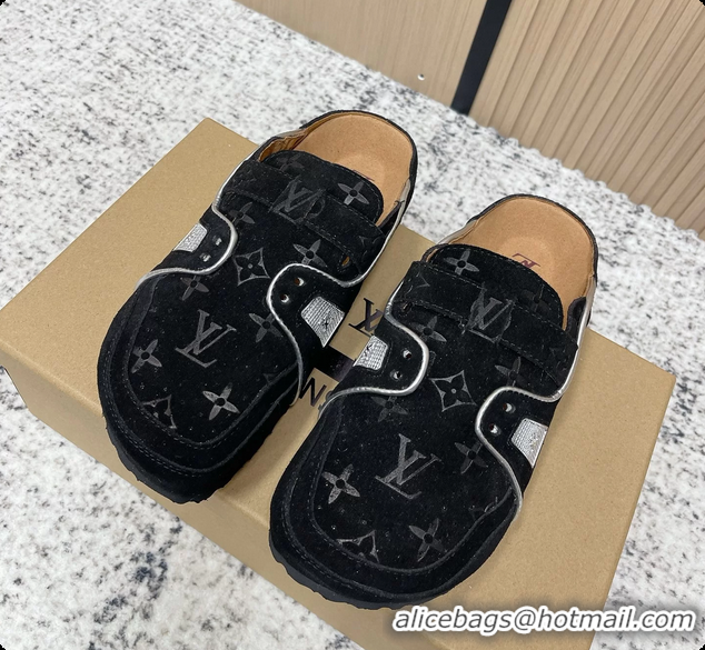Best Price Louis Vuitton LV Cosy Flat Comfort Closed Mule Black Suede Monogram Leather 6061609