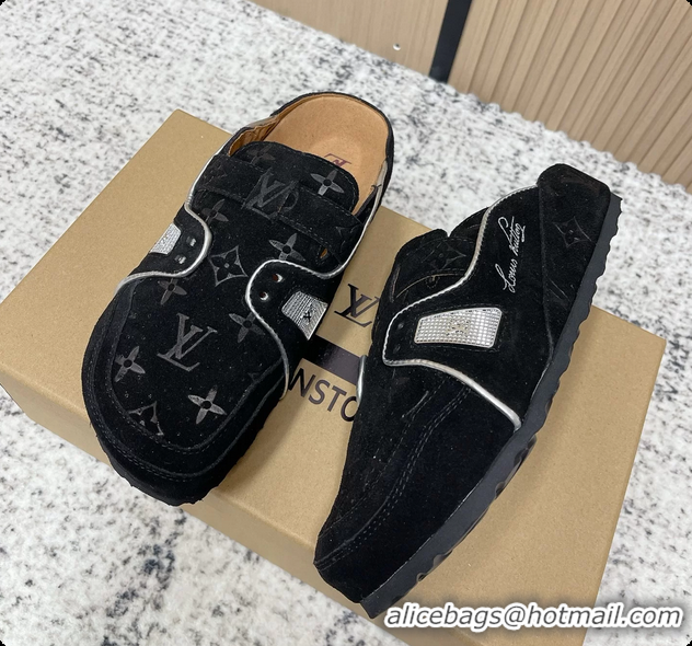 Best Price Louis Vuitton LV Cosy Flat Comfort Closed Mule Black Suede Monogram Leather 6061609