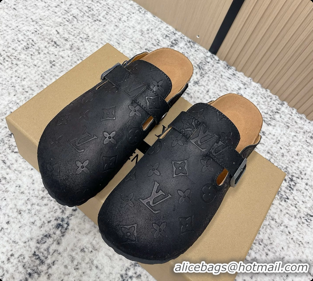 Buy Luxury Louis Vuitton LV Cosy Flat Comfort Closed Mule Black Monogram Leather 6061609