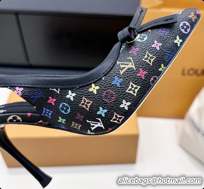 Top Design Louis Vuitton LVxTM 6AM Bow Slingback Pumps Black Multicolor Monogram Canvas 100MM 6061701
