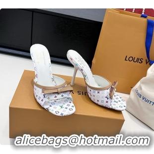 Luxurious Louis Vuitton LVxTM 6AM Bow Heeled Slides Sandals White Multicolor Monogram Canvas 6061701
