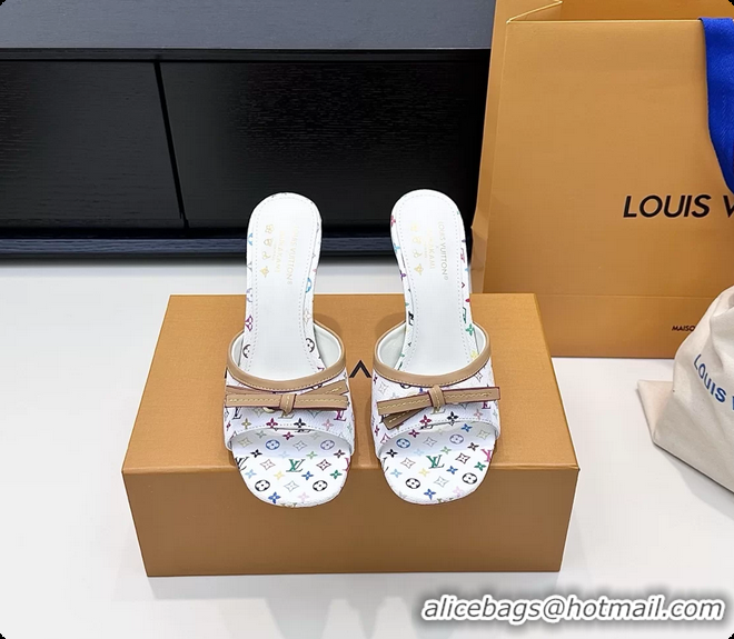 Luxurious Louis Vuitton LVxTM 6AM Bow Heeled Slides Sandals White Multicolor Monogram Canvas 6061701