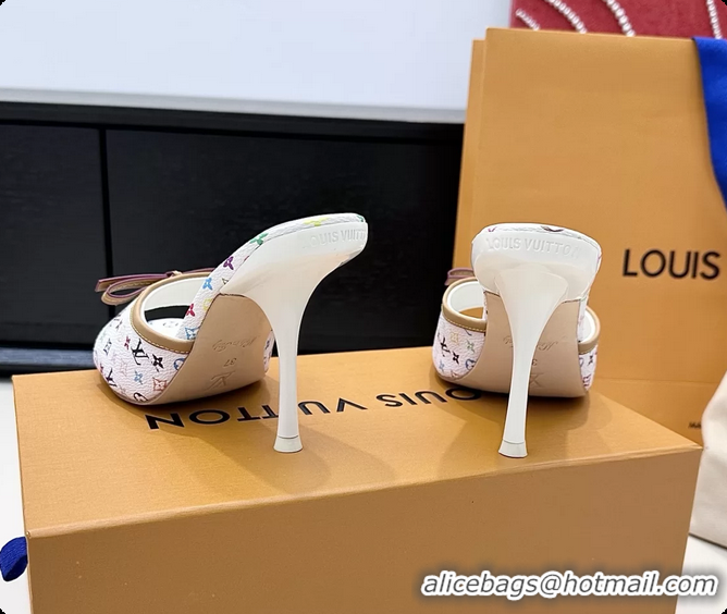 Luxurious Louis Vuitton LVxTM 6AM Bow Heeled Slides Sandals White Multicolor Monogram Canvas 6061701