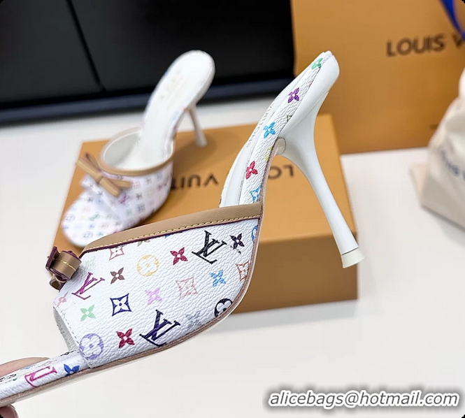 Luxurious Louis Vuitton LVxTM 6AM Bow Heeled Slides Sandals White Multicolor Monogram Canvas 6061701