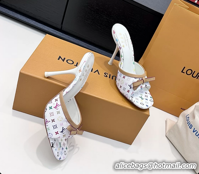Luxurious Louis Vuitton LVxTM 6AM Bow Heeled Slides Sandals White Multicolor Monogram Canvas 6061701