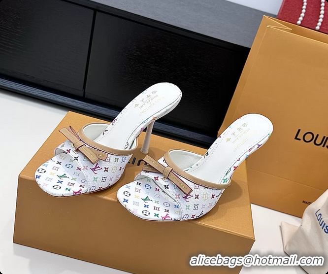 Luxurious Louis Vuitton LVxTM 6AM Bow Heeled Slides Sandals White Multicolor Monogram Canvas 6061701