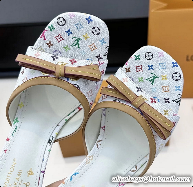 Luxurious Louis Vuitton LVxTM 6AM Bow Heeled Slides Sandals White Multicolor Monogram Canvas 6061701