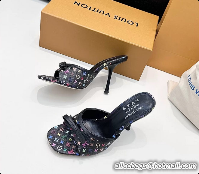 Pretty Style Louis Vuitton LVxTM 6AM Bow Heeled Slides Sandals Black Multicolor Monogram Canvas 6061702