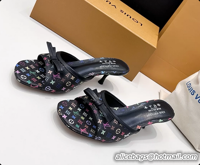 Top Grade Louis Vuitton LVxTM 6AM Bow Heeled Slides Sandals Black Multicolor Monogram Canvas 6061702