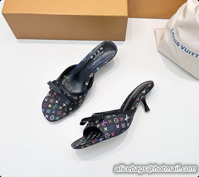 Top Grade Louis Vuitton LVxTM 6AM Bow Heeled Slides Sandals Black Multicolor Monogram Canvas 6061702