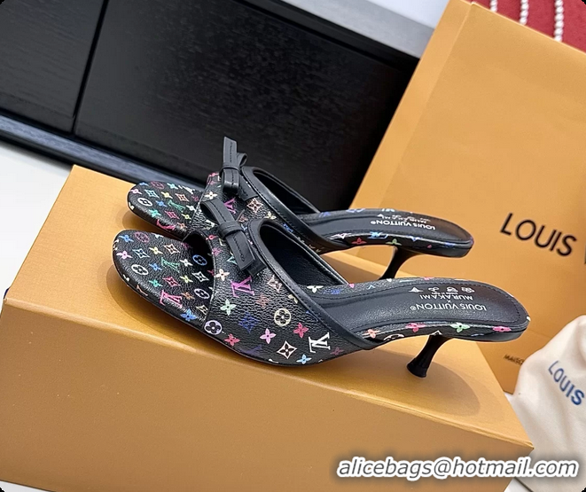 Top Grade Louis Vuitton LVxTM 6AM Bow Heeled Slides Sandals Black Multicolor Monogram Canvas 6061702