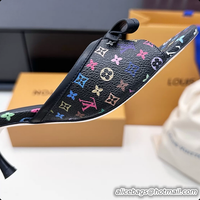Top Grade Louis Vuitton LVxTM 6AM Bow Heeled Slides Sandals Black Multicolor Monogram Canvas 6061702