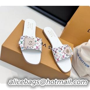 Durable Louis Vuitton LV Frame Falt Mules Slides Sandals White Multicolor Monogram Canvas 6061703