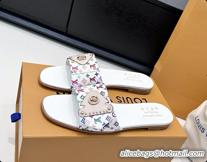 Durable Louis Vuitton LV Frame Falt Mules Slides Sandals White Multicolor Monogram Canvas 6061703
