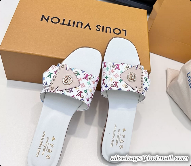 Durable Louis Vuitton LV Frame Falt Mules Slides Sandals White Multicolor Monogram Canvas 6061703