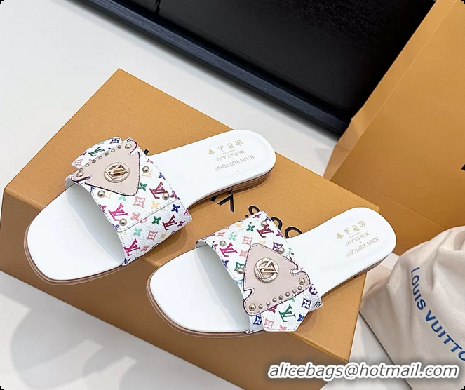 Durable Louis Vuitton LV Frame Falt Mules Slides Sandals White Multicolor Monogram Canvas 6061703