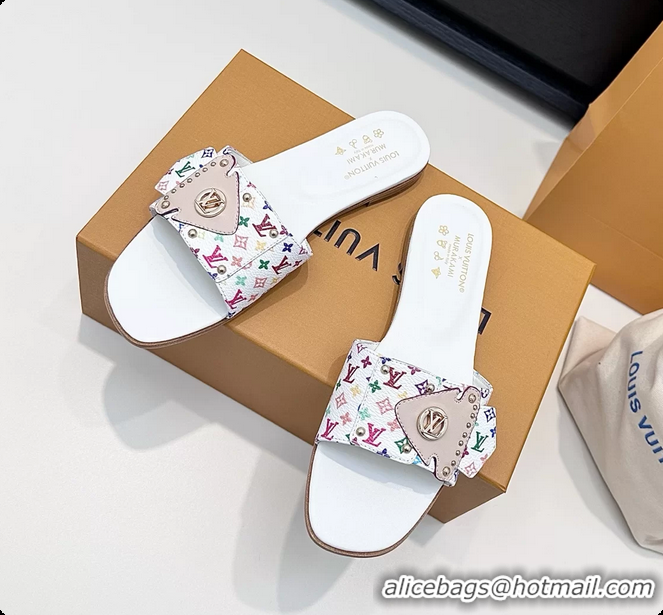 Durable Louis Vuitton LV Frame Falt Mules Slides Sandals White Multicolor Monogram Canvas 6061703
