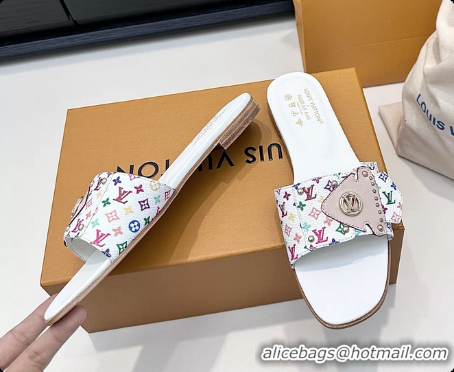 Durable Louis Vuitton LV Frame Falt Mules Slides Sandals White Multicolor Monogram Canvas 6061703