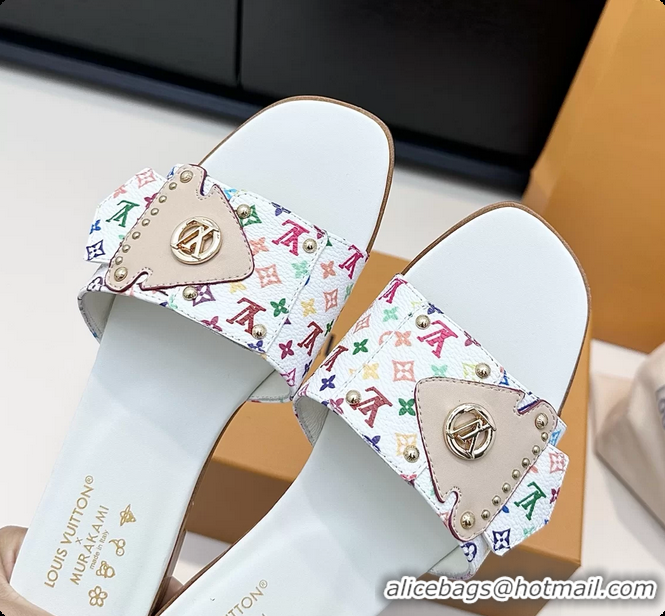Durable Louis Vuitton LV Frame Falt Mules Slides Sandals White Multicolor Monogram Canvas 6061703