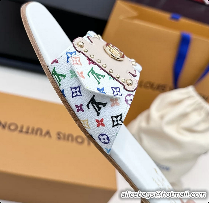 Durable Louis Vuitton LV Frame Falt Mules Slides Sandals White Multicolor Monogram Canvas 6061703