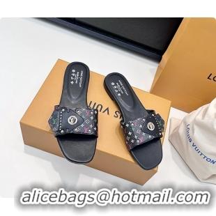Feminine Louis Vuitton LV Frame Falt Mules Slides Sandals Black Multicolor Monogram Canvas 6061703