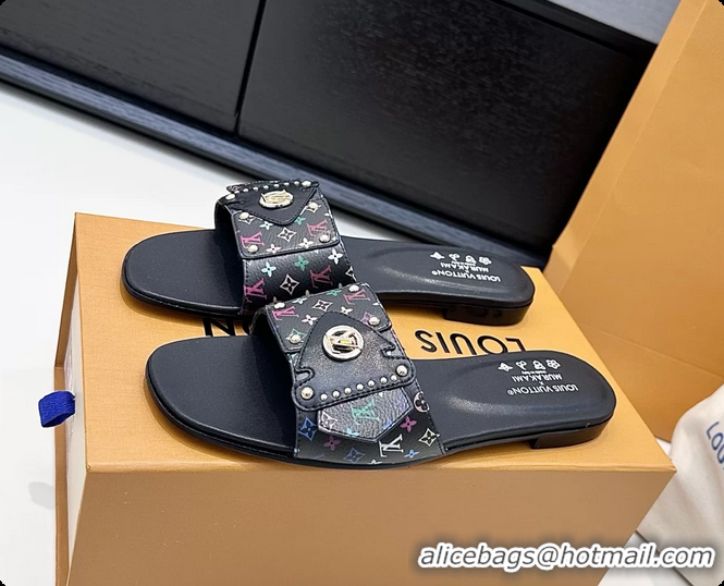 Feminine Louis Vuitton LV Frame Falt Mules Slides Sandals Black Multicolor Monogram Canvas 6061703