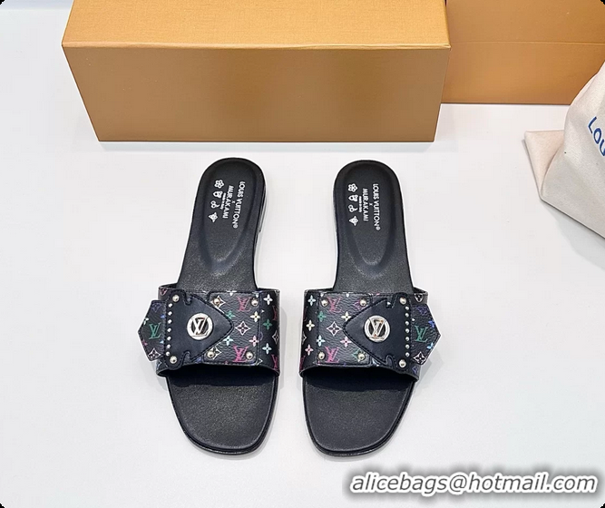 Feminine Louis Vuitton LV Frame Falt Mules Slides Sandals Black Multicolor Monogram Canvas 6061703