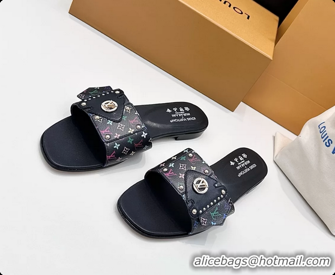 Feminine Louis Vuitton LV Frame Falt Mules Slides Sandals Black Multicolor Monogram Canvas 6061703
