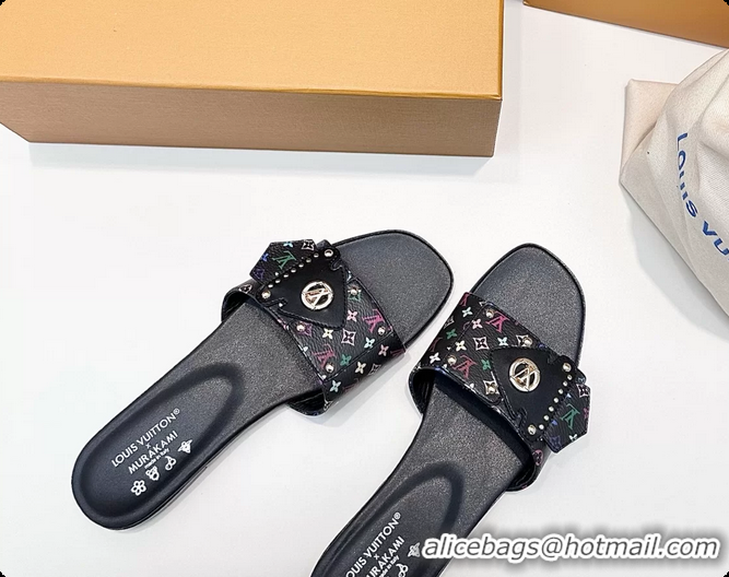 Feminine Louis Vuitton LV Frame Falt Mules Slides Sandals Black Multicolor Monogram Canvas 6061703