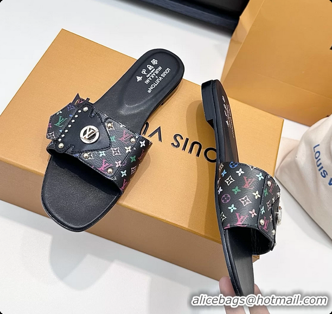 Feminine Louis Vuitton LV Frame Falt Mules Slides Sandals Black Multicolor Monogram Canvas 6061703
