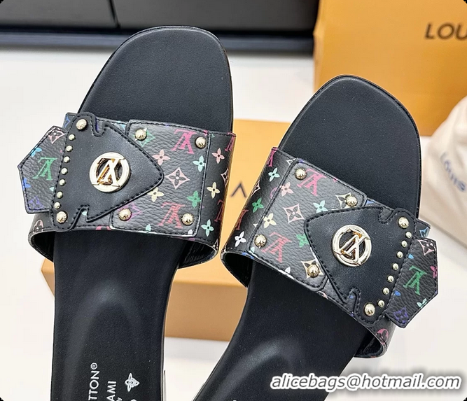 Feminine Louis Vuitton LV Frame Falt Mules Slides Sandals Black Multicolor Monogram Canvas 6061703