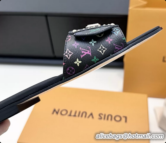 Feminine Louis Vuitton LV Frame Falt Mules Slides Sandals Black Multicolor Monogram Canvas 6061703