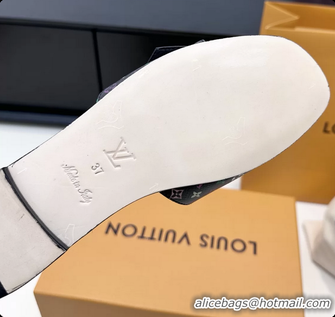 Feminine Louis Vuitton LV Frame Falt Mules Slides Sandals Black Multicolor Monogram Canvas 6061703