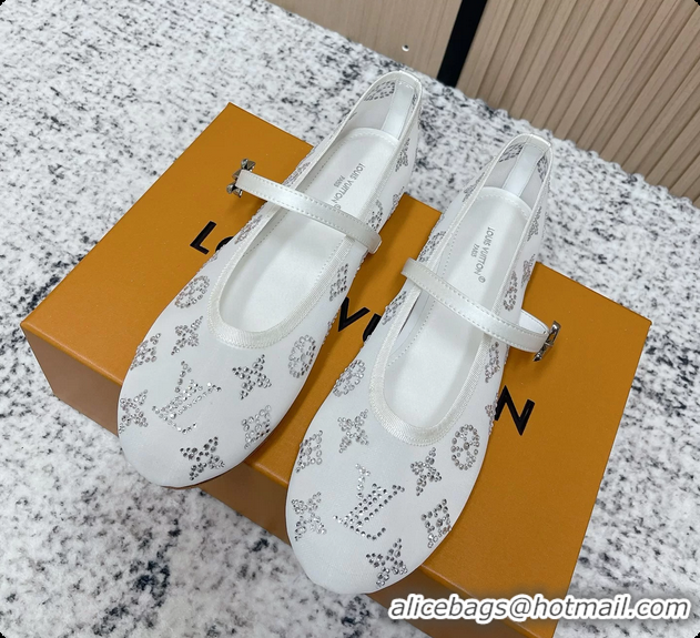 Unique Discount Louis Vuitton Mary Jane Romy Flat Ballerina White Mesh Strass 6061705