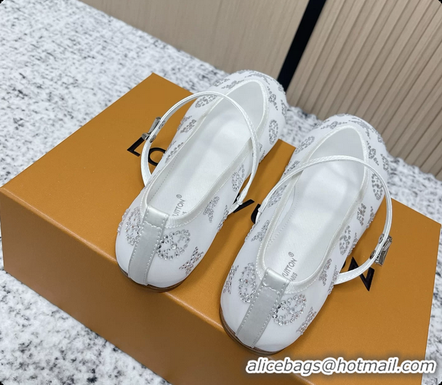 Unique Discount Louis Vuitton Mary Jane Romy Flat Ballerina White Mesh Strass 6061705