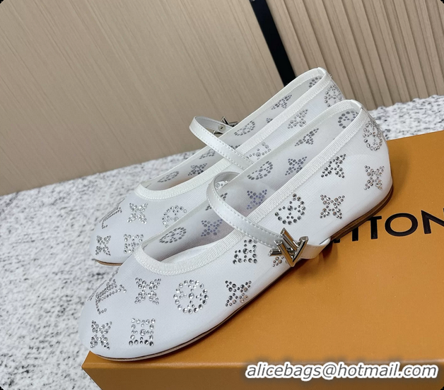 Unique Discount Louis Vuitton Mary Jane Romy Flat Ballerina White Mesh Strass 6061705