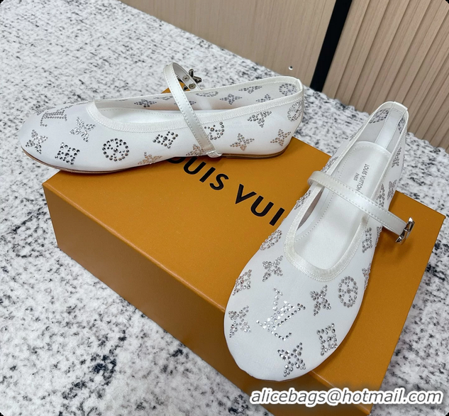 Unique Discount Louis Vuitton Mary Jane Romy Flat Ballerina White Mesh Strass 6061705