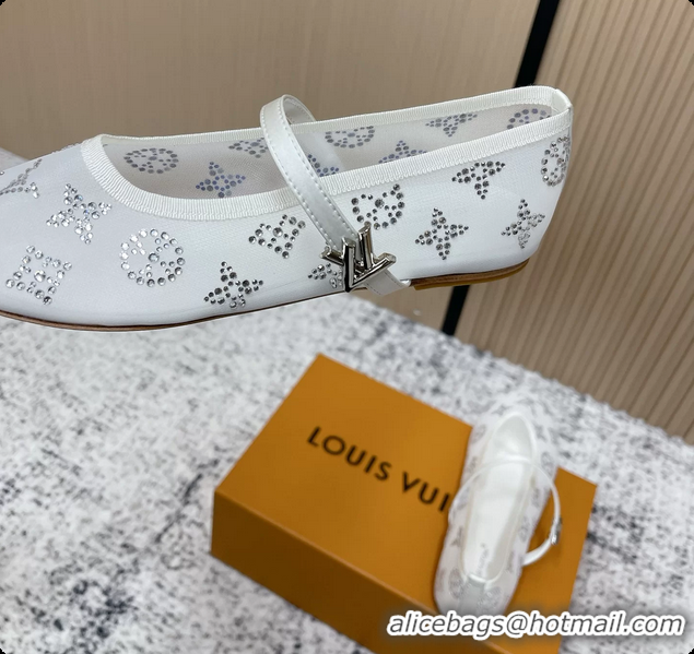 Unique Discount Louis Vuitton Mary Jane Romy Flat Ballerina White Mesh Strass 6061705