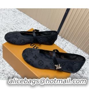 Luxury Louis Vuitton Mary Jane Romy Flat Ballerina Black Mesh Strass 6061709