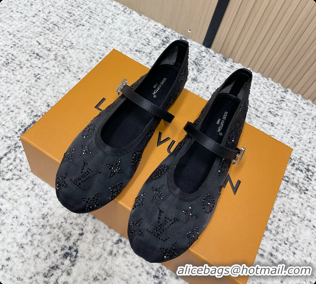 Luxury Louis Vuitton Mary Jane Romy Flat Ballerina Black Mesh Strass 6061709